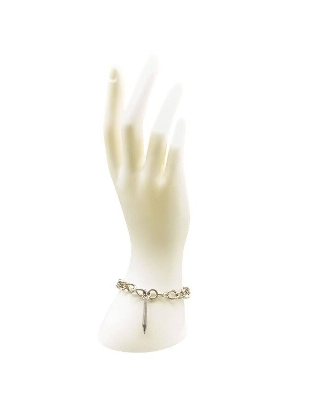 Silver Chain Link Bracelet With Textured Detailing and Dagger Charm - 6.5 Inch L